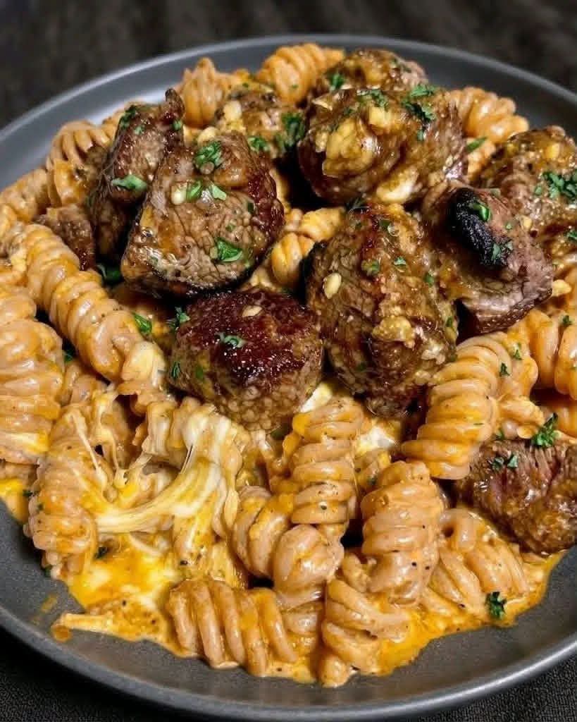 Honey Garlic Steak Bites over Cheddar Parmesan Rotini